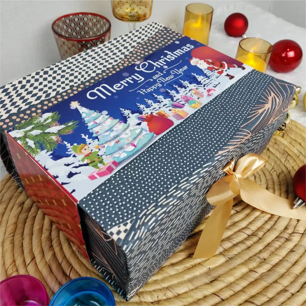 Gift Box |Rigid  foldabel box | Gift Hamper Boxes For Packaging, Satin Ribbon Hamper Boxes | Gift Cardboard Box Empty Gift Hamper Box Reusable Gift Boxes | Foldabel Box | SIZE 10x8x4 inches / 7024 Christmass